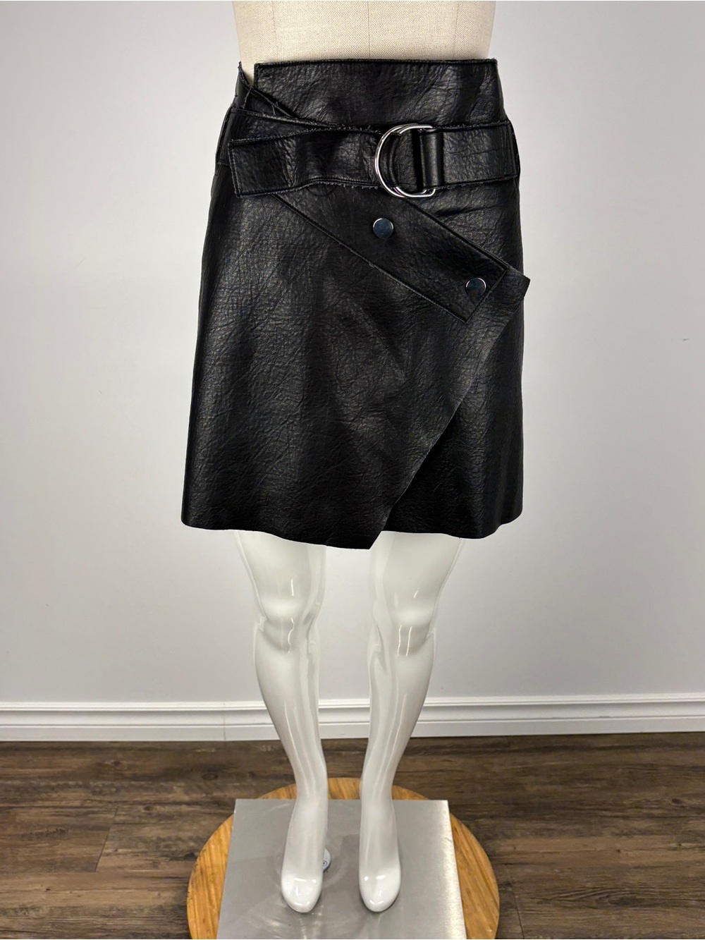 ZARA Black Faux Leather Asymmetric Wrap Mini Skirt Belted Buckle Moto Size XS